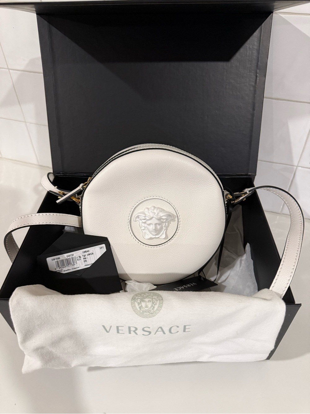 Versace White Round La Medusa Leather Camera Bag